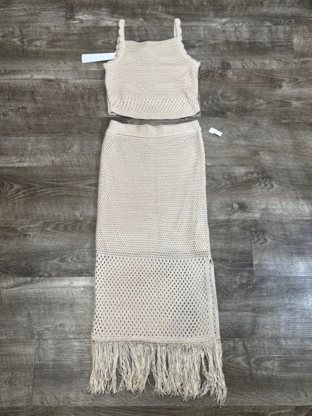 House of Harlow 1960 croched fringe skirt top set ecru tan Sz XS new